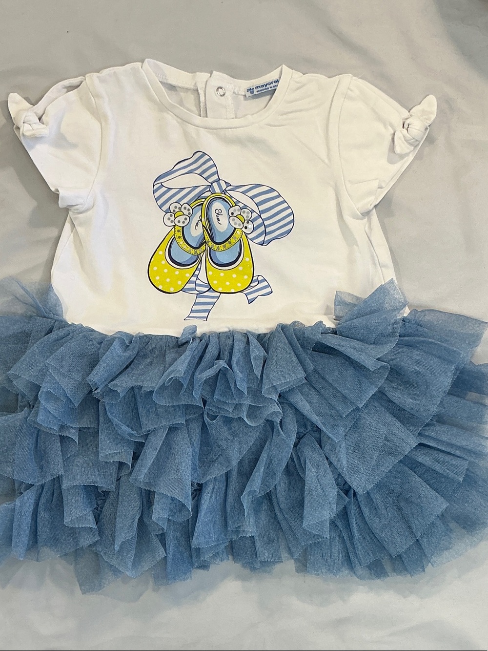 Mayoral White Top with Blue Tulle Skirt and Yellow Accent Dress